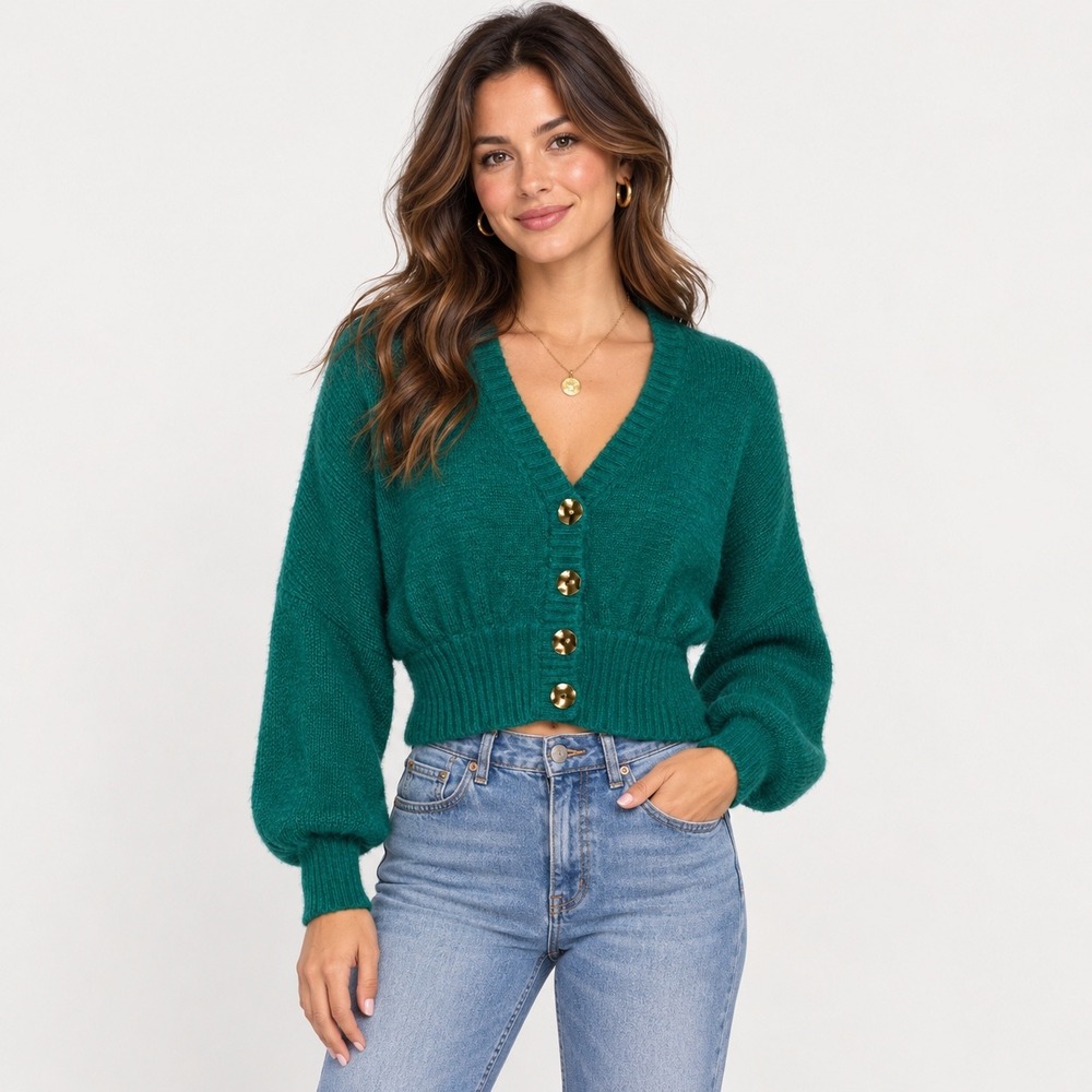 Farm Rio Teal Mohair Blend Cropped Cardigan M Green Balloon Sleeve Boho Chic